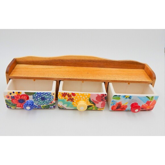 The Pioneer Woman Spice Rack Wood Shelf Ceramic 3-Drawers Bin Floral Melody - Picture 2 of 11
